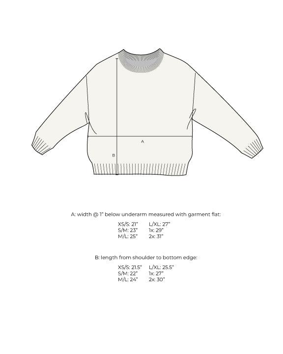 Measurement diagram for a crewneck sweater, marked with width below the underarm and length from shoulder to hem for each size