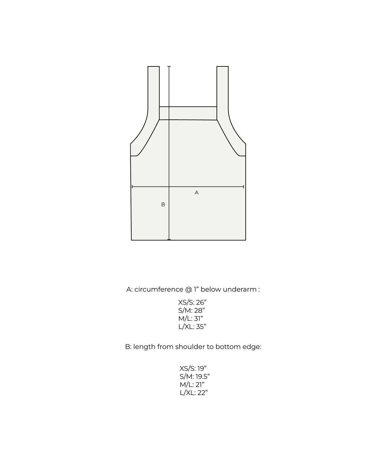 Measurement diagram for a knit tank, marked with circumference below the underarm and length from shoulder to hem for each size