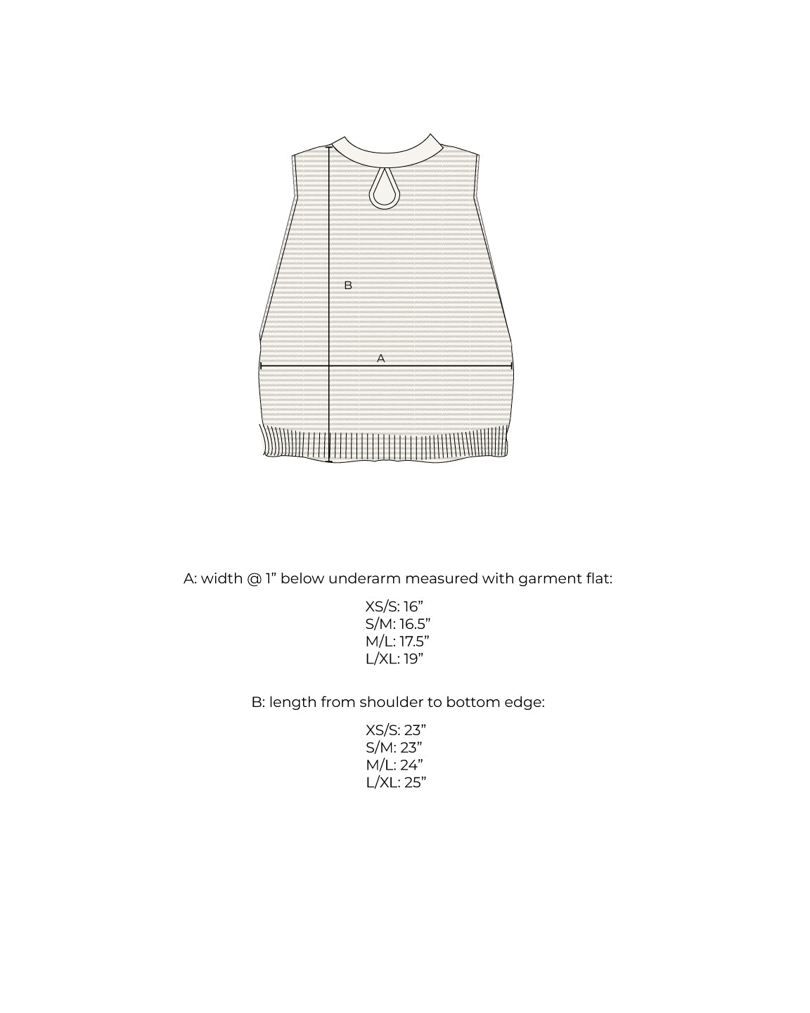 Measurement diagram for a sleeveless knit tank, marked with width below the underarm and length from shoulder to hem for each size