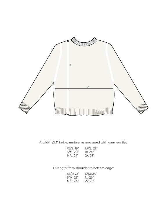 Measurement diagram for a long-sleeve crewneck, marked with width below the underarm and length from shoulder to hem for each size