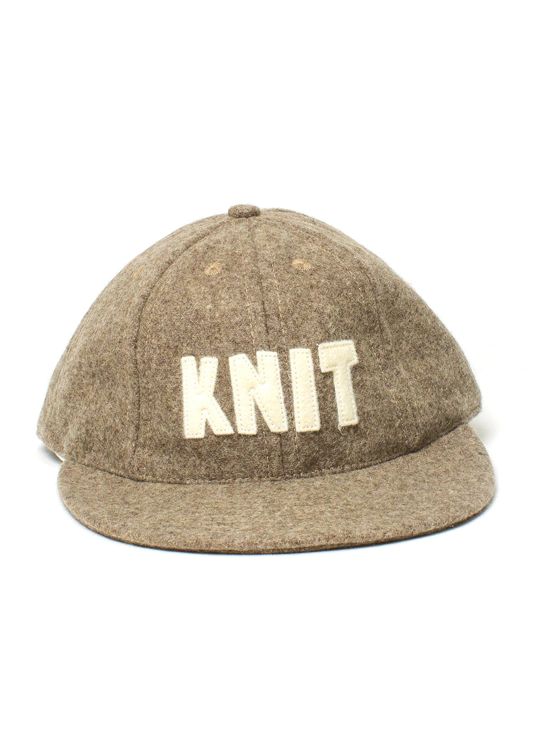 Brown cap with 'KNIT' text on a white background