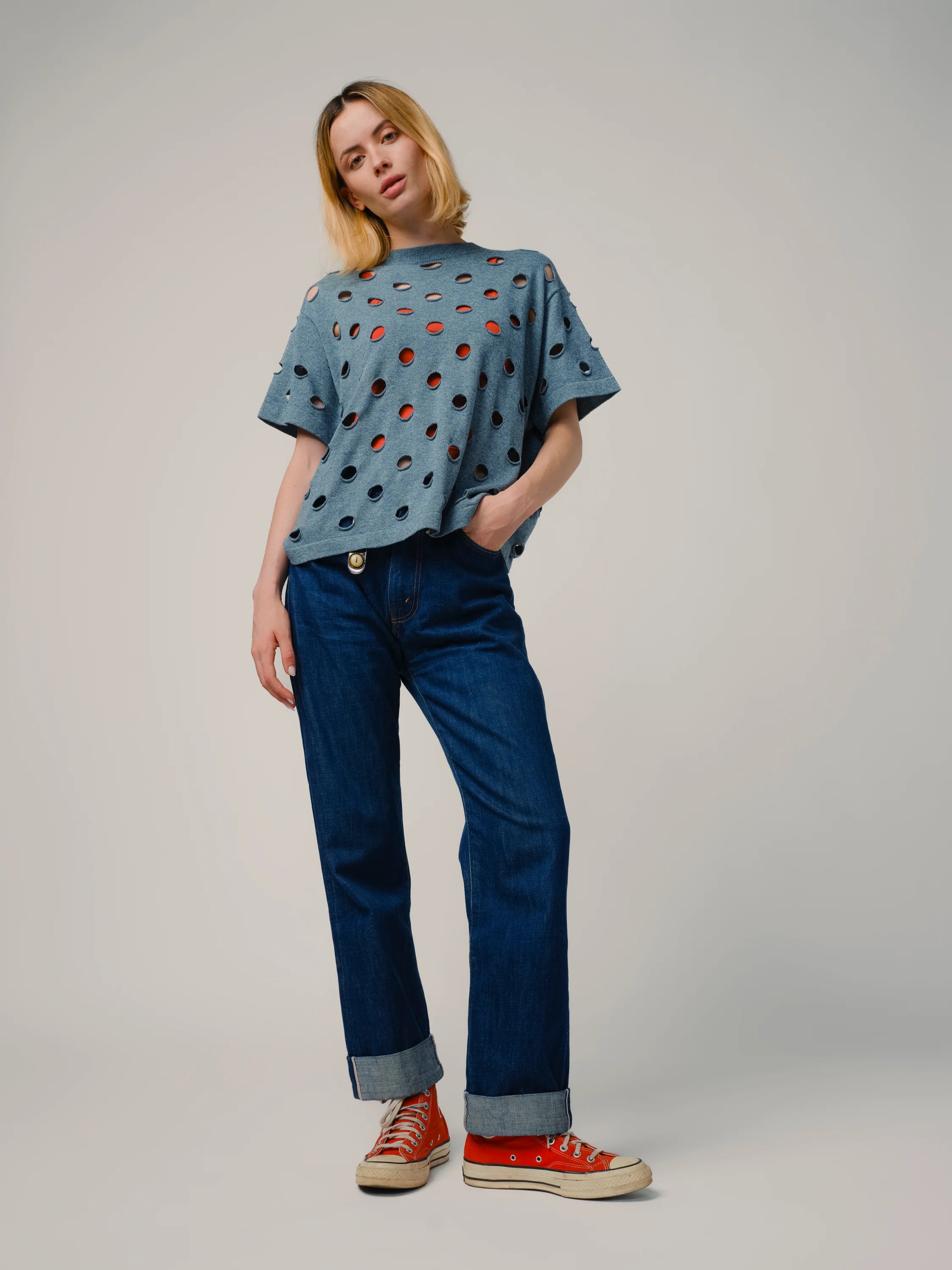 Washed Denim Cotton Bind Off Sweater Tee
