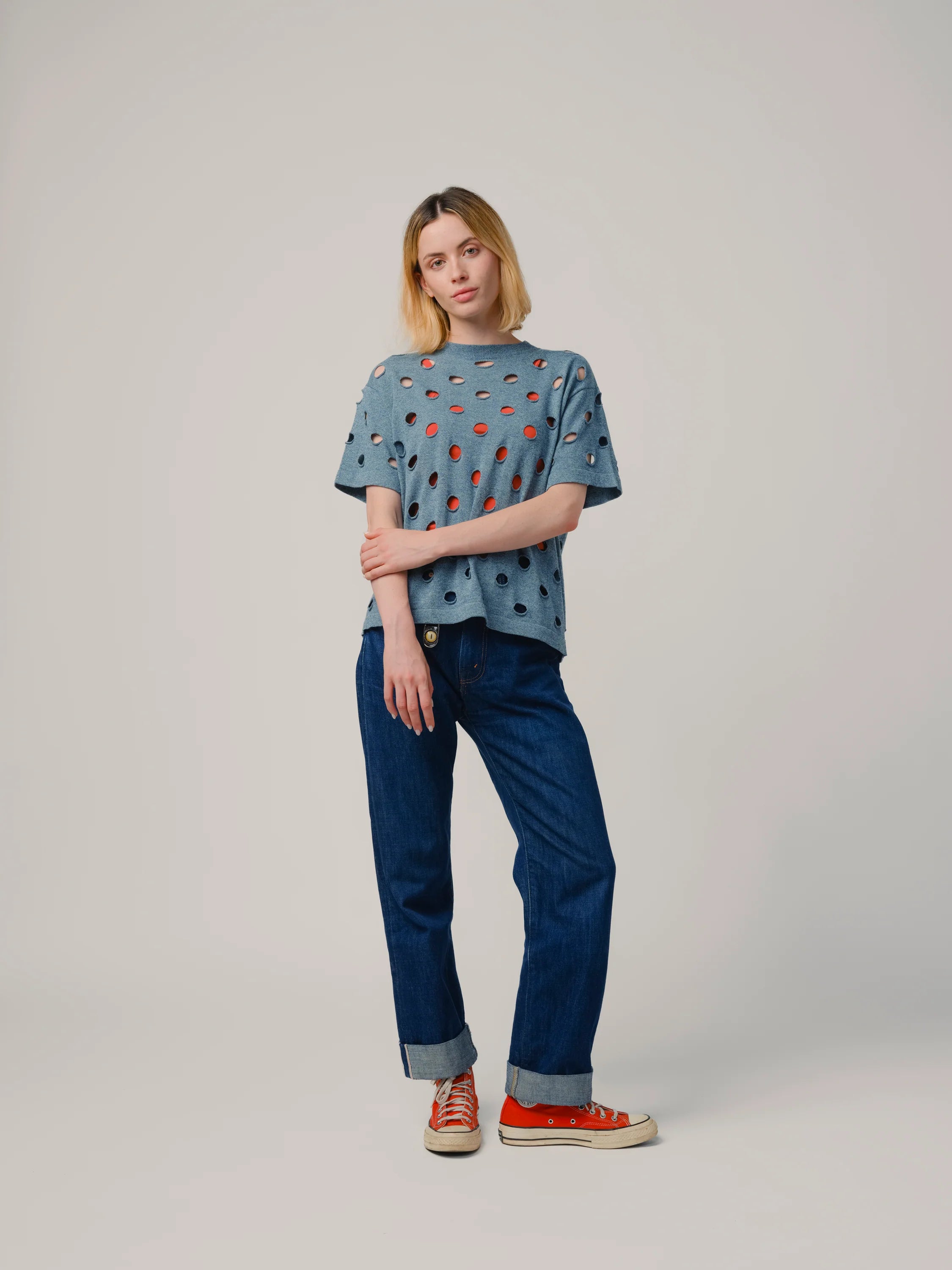 Washed Denim Cotton Bind Off Sweater Tee