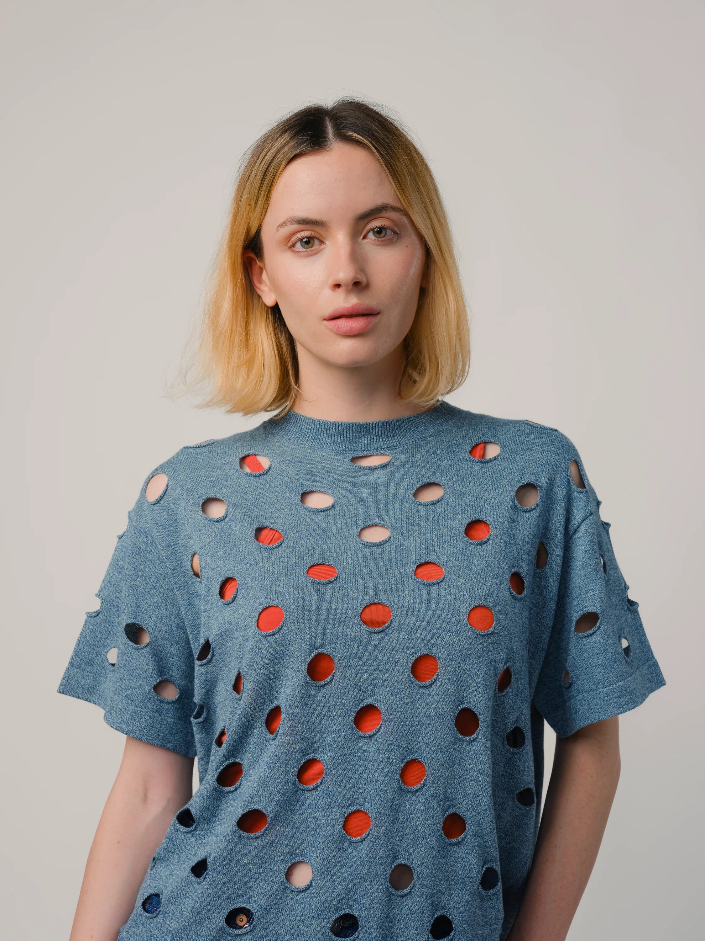 Washed Denim Cotton Bind Off Sweater Tee