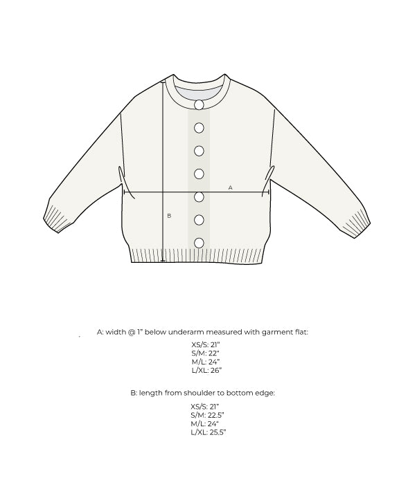 Measurement diagram for a crewneck cardigan, marked with width below the underarm and length from shoulder to hem for each size