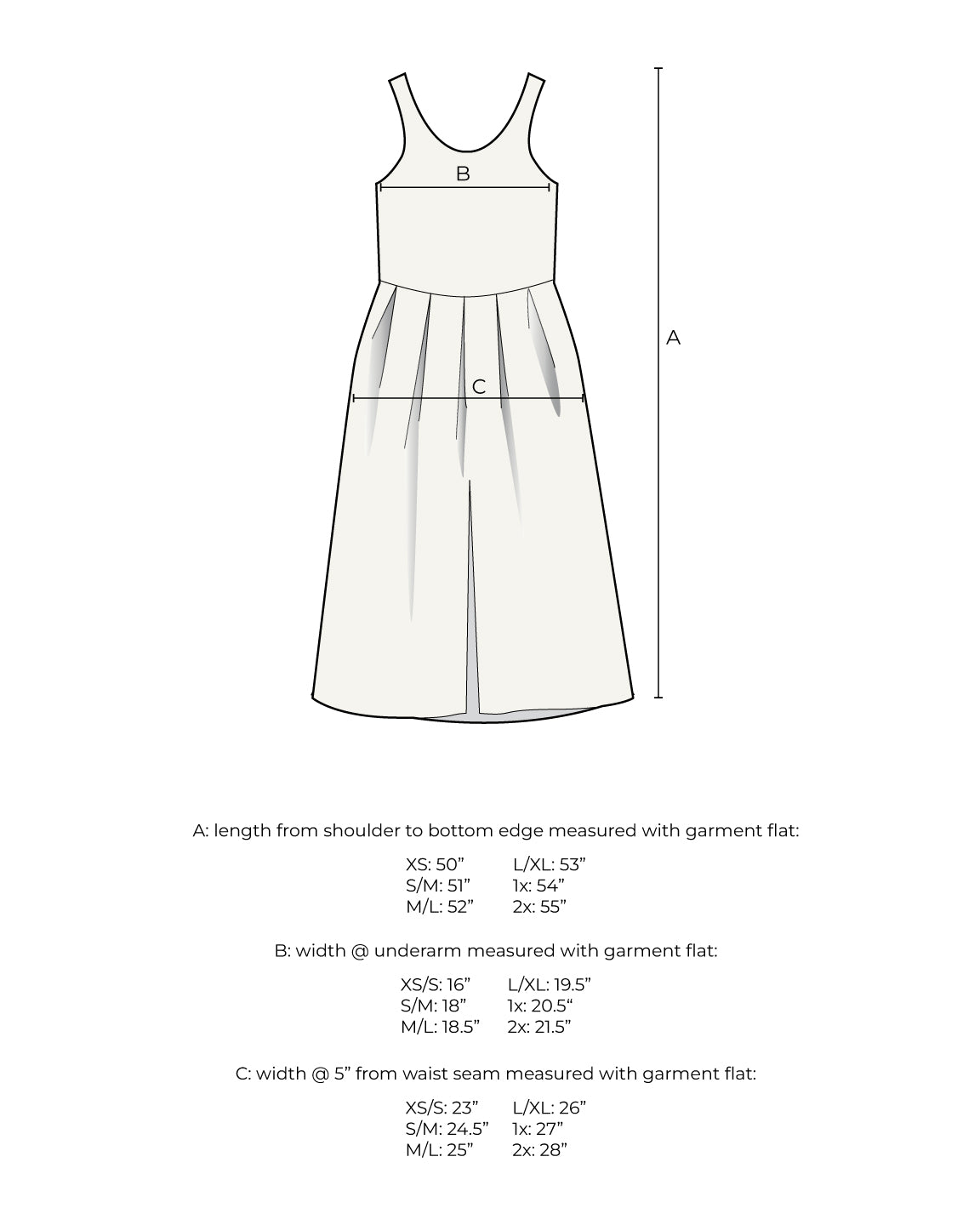 Measurement diagram for a sleeveless dress, marked with length, width at the underarm and width below the waist seam for each size