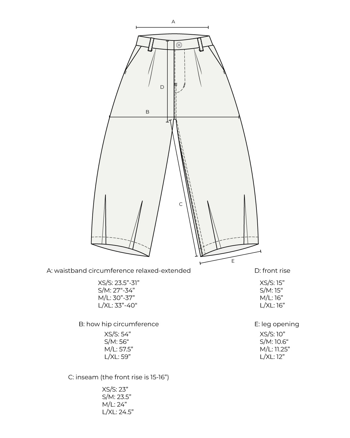 Measurement diagram for wide-leg pants, marked with waistband, hip, inseam, front rise and leg opening for each size