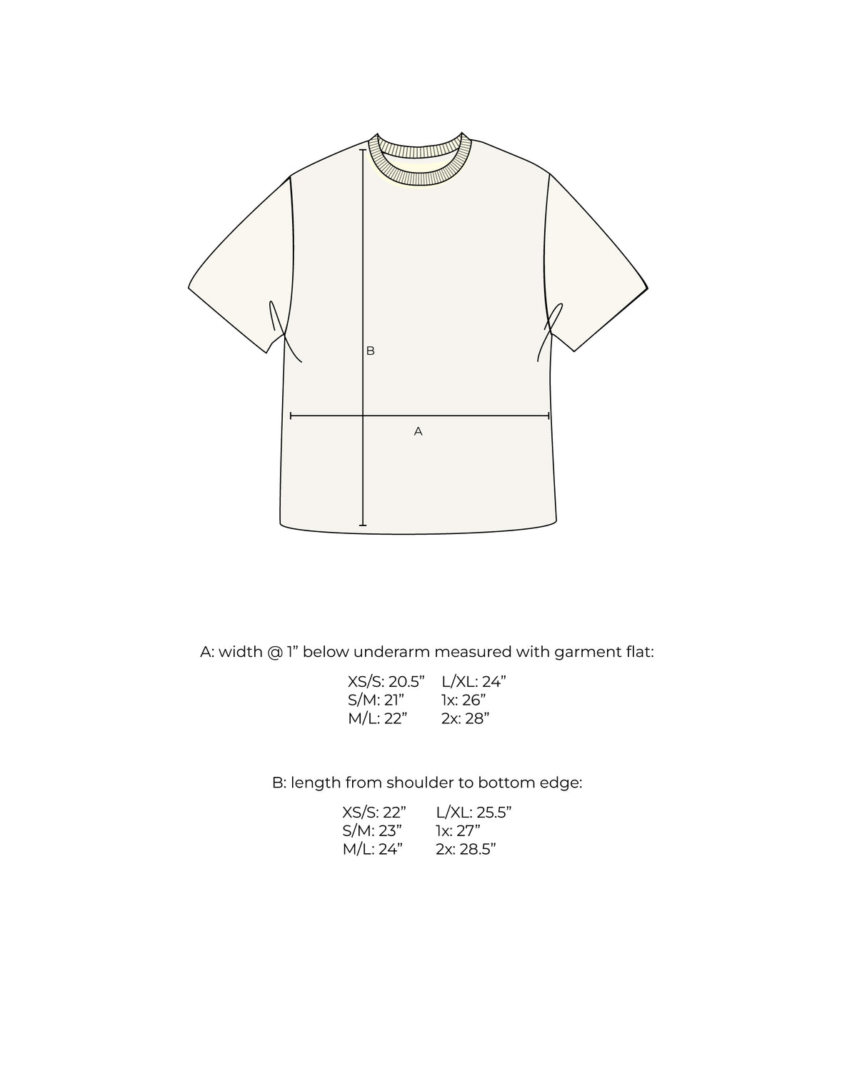Measurement diagram for a short-sleeve knit tee, marked with width below the underarm and length from shoulder to hem for each size