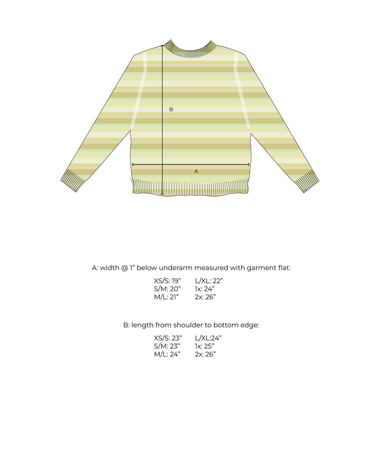 Measurement diagram for a long-sleeve striped crewneck, marked with width below the underarm and length from shoulder to hem for each size