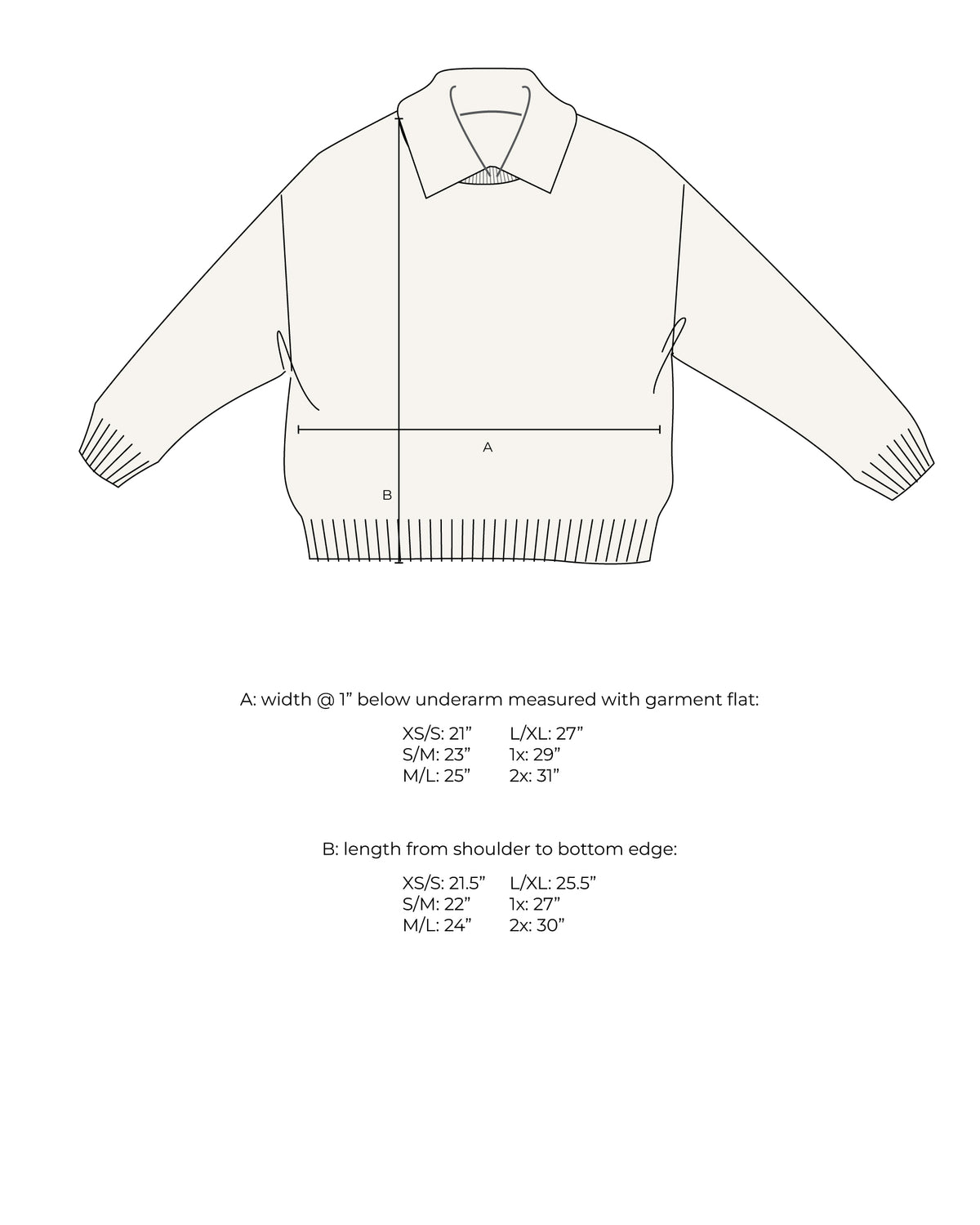 Measurement diagram for a collared sweater, marked with width below the underarm and length from shoulder to hem for each size