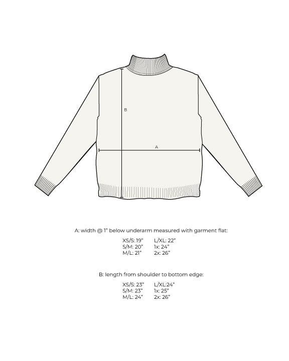 Measurement diagram for a turtleneck sweater, marked with width below the underarm and length from shoulder to hem for each size