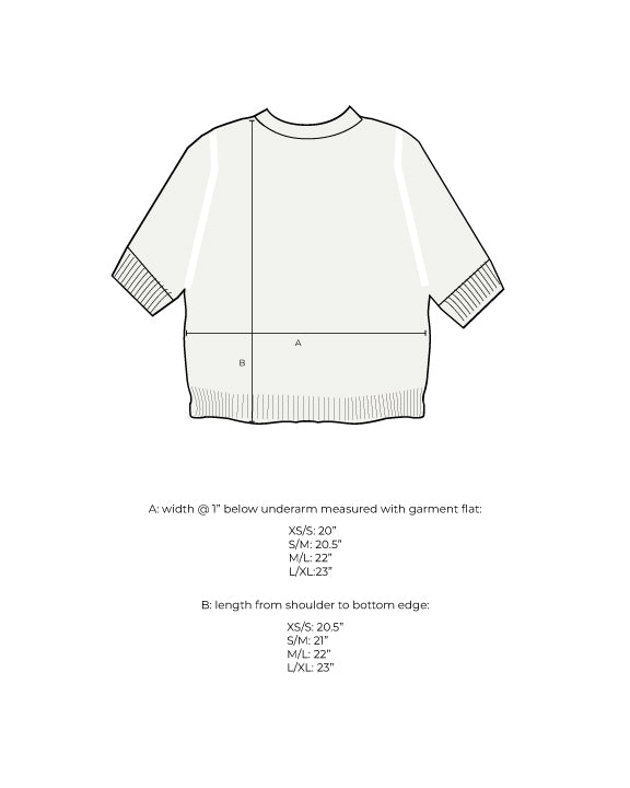 Measurement diagram for a short-sleeve sweater tee, marked with width below the underarm and length from shoulder to hem for each size