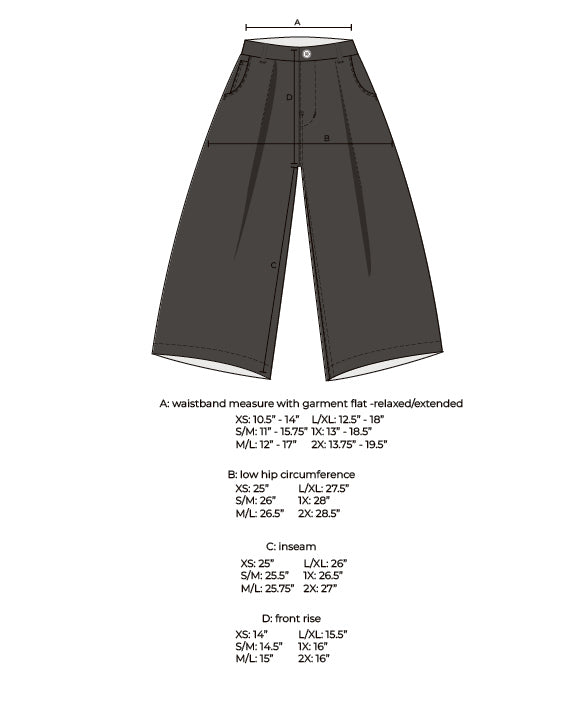 Measurement diagram for wide-leg pants, marked with waistband, hip, inseam and front rise for each size