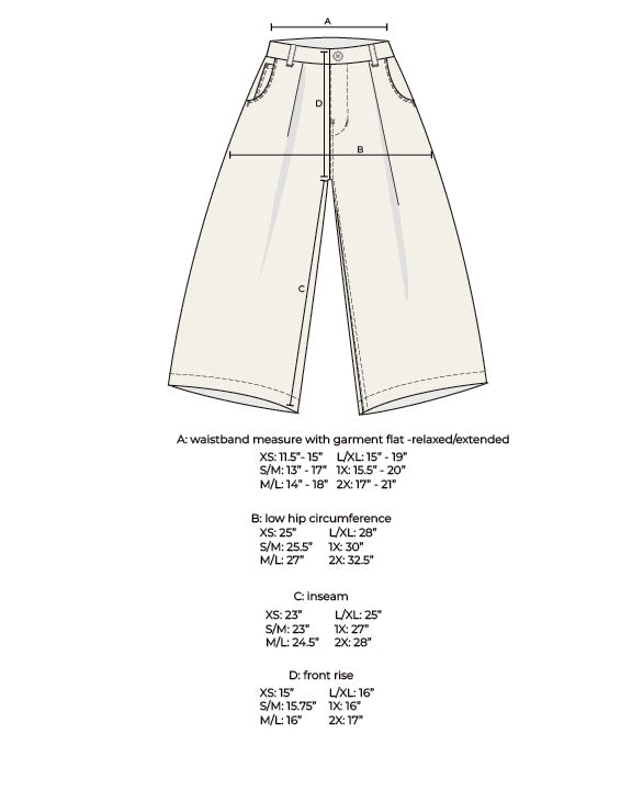 Measurement diagram for wide-leg pants, marked with waistband, hip, inseam and front rise for each size