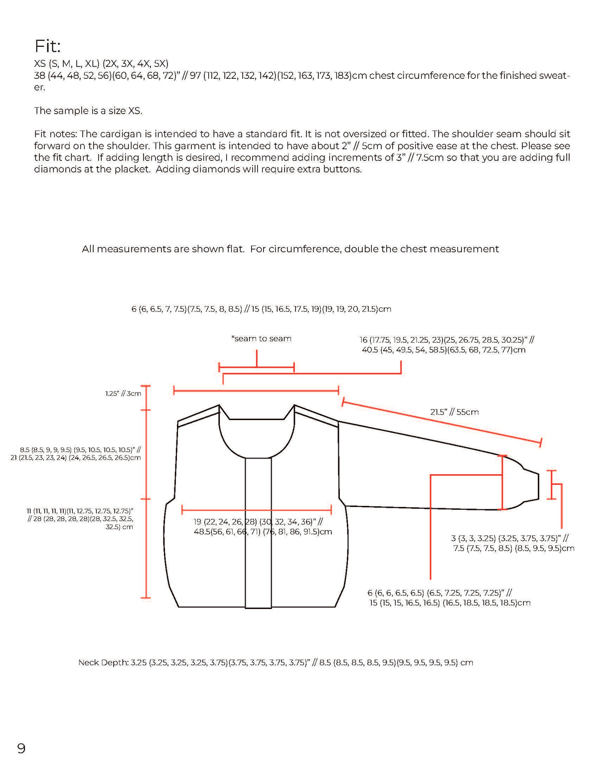 Pattern page for the Diamond Placket Cardigan with fit notes and a schematic marked with measurements for each size
