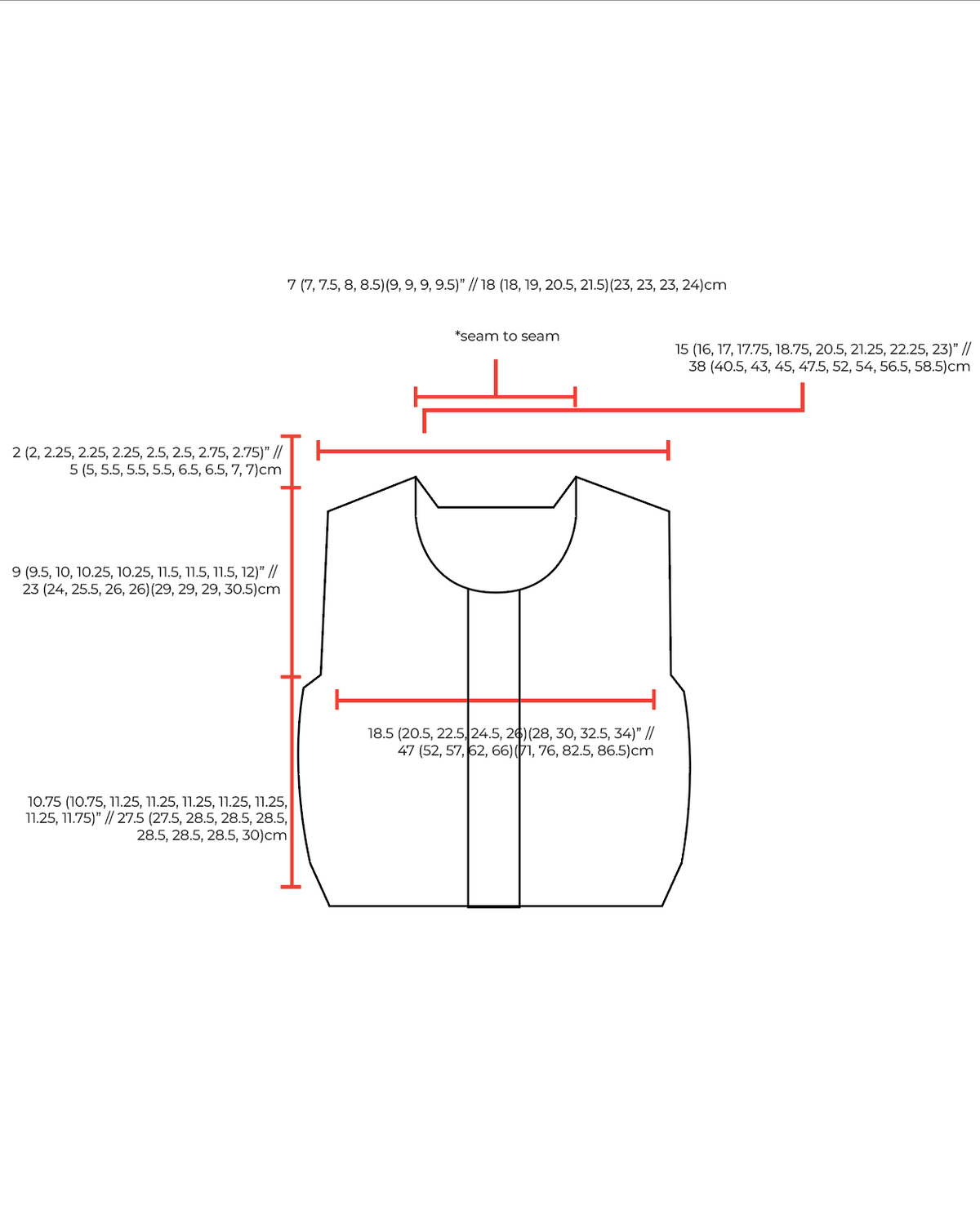 Schematic of a knit vest marked with measurements for each size
