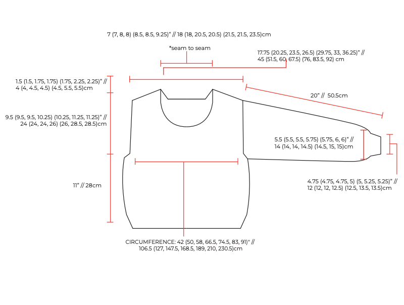 Schematic of a cardigan marked with measurements for each size
