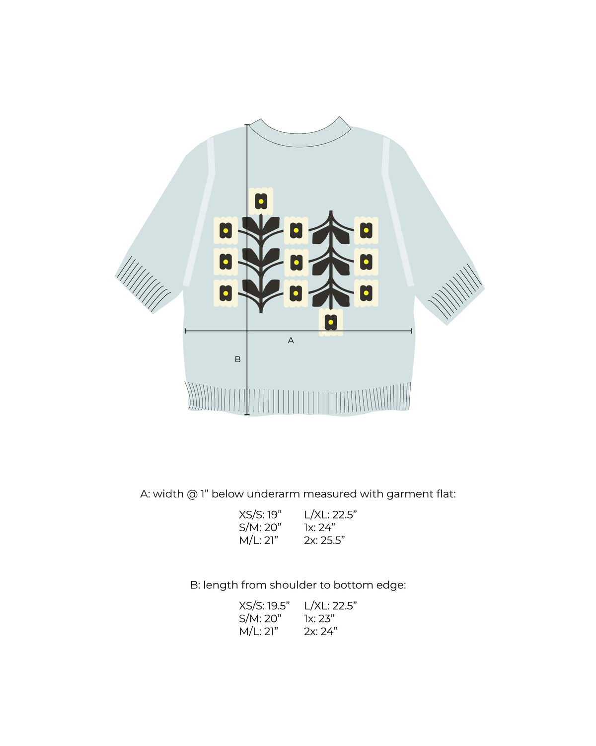 Measurement diagram for a short-sleeve sweater tee, marked with width below the underarm and length from shoulder to hem for each size