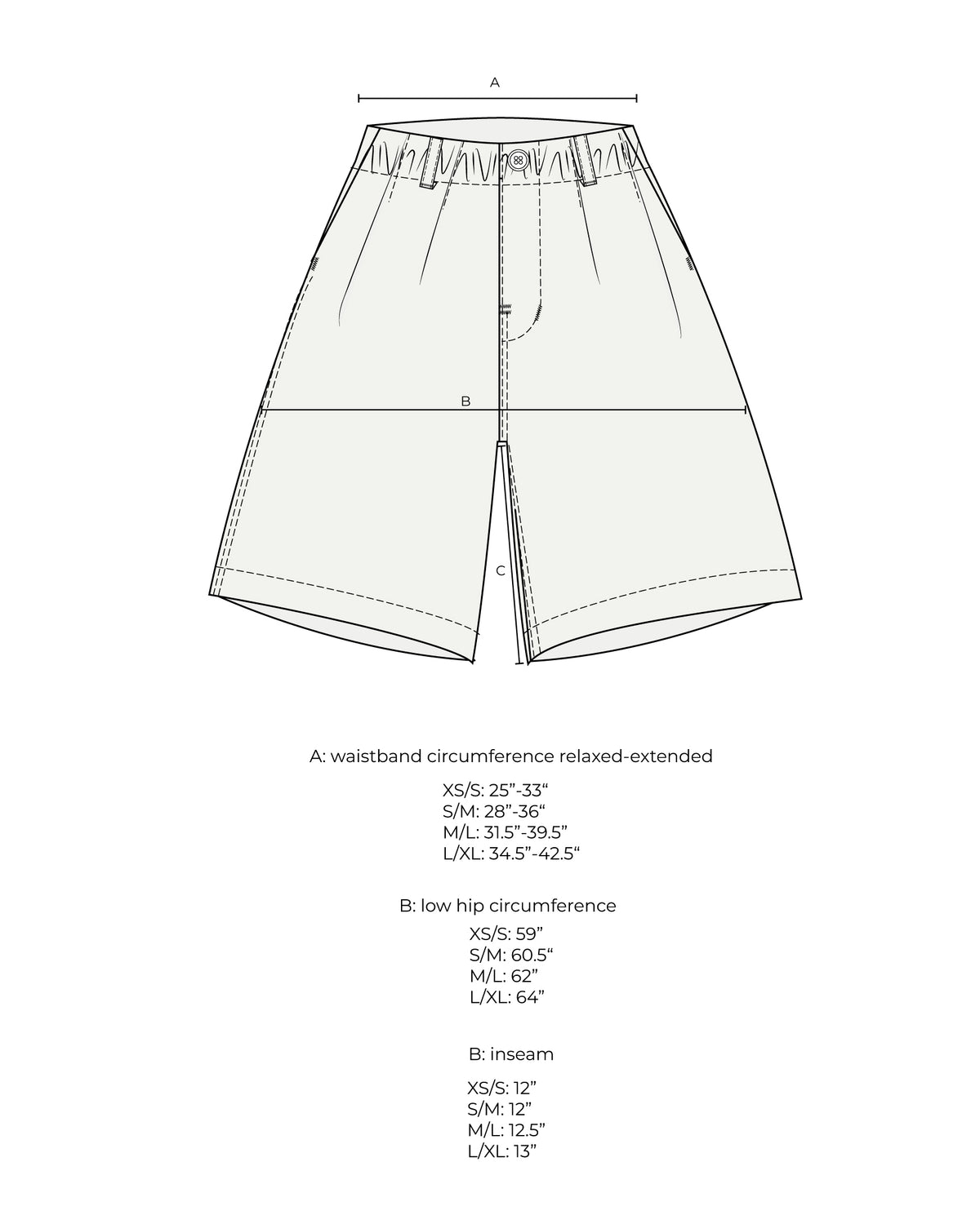 Measurement diagram for shorts, marked with waistband, hip and inseam for each size