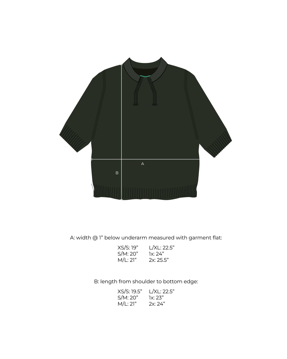 Measurement diagram for a short-sleeve collared knit tee, marked with width below the underarm and length from shoulder to hem for each size